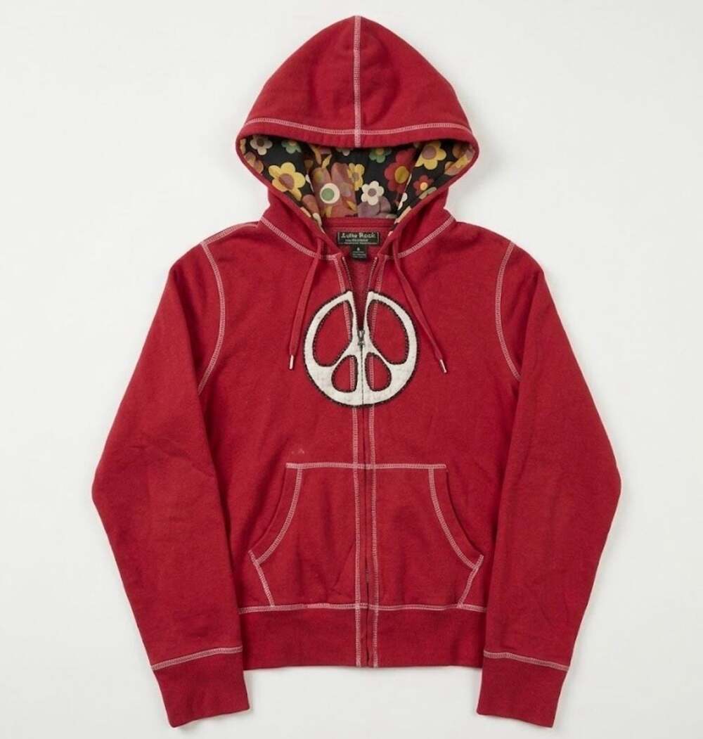 Lucky Brand Red Vintage Inspired Peace Sign Full Zip Hoodie Floral Hood  Size M
